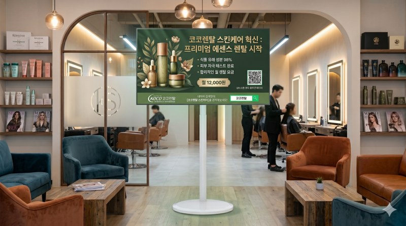 가로형 스마트 tv에 cms 솔루션 적용된 모델 이미지