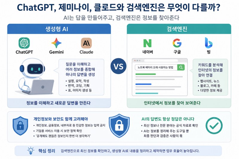 ChatGPT와 검색엔진의 차이점을 비교하는 생성형 AI 개념 이미지