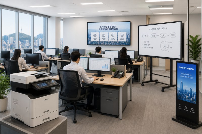 사무실 업무 환경을 중심으로 복합기, PC, 전자칠판, DID 사이니지 렌탈